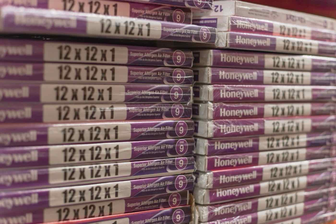 Stacked boxes of 12 by 12 inch Honeywell air filters.